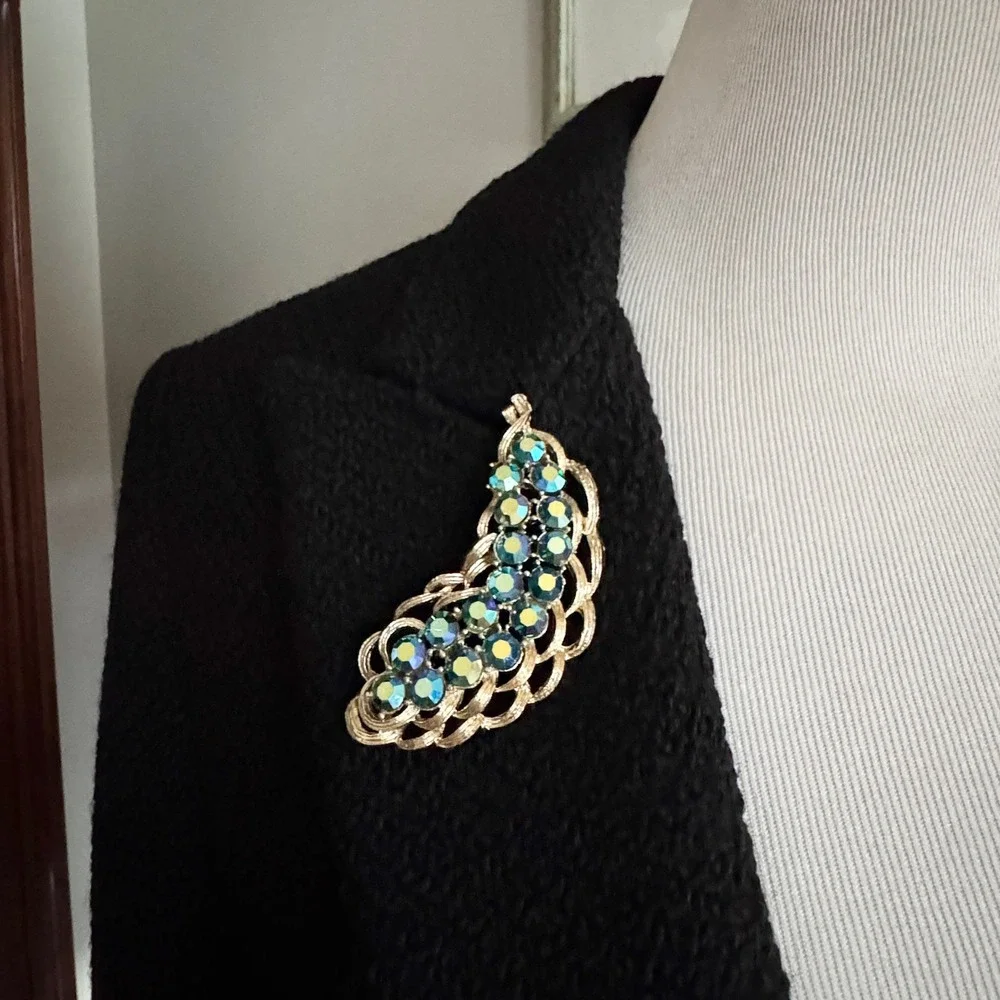 Vintage Statement‎ Brooch Pin Peacock Blue Green Aurora Borealis Rhinestones